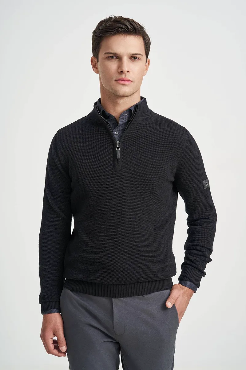 Monte Napoleone Ανδρικό Πλεκτό Βαμβακερό Half Zip 252-40-3400-4333-8 Μαύρο