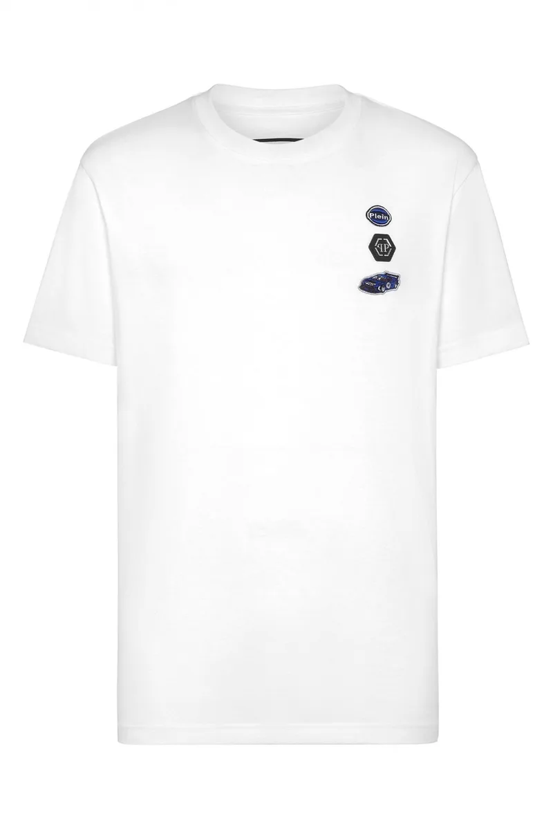 PHILIPP PLEIN T-SHIRT ROUND NECK SS CARS RACING LOGO ΛΕΥΚΟ