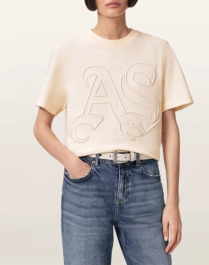 ALL SAINTS LISA EMBOS TEE W148JE-PEBBLE WHITE Cream