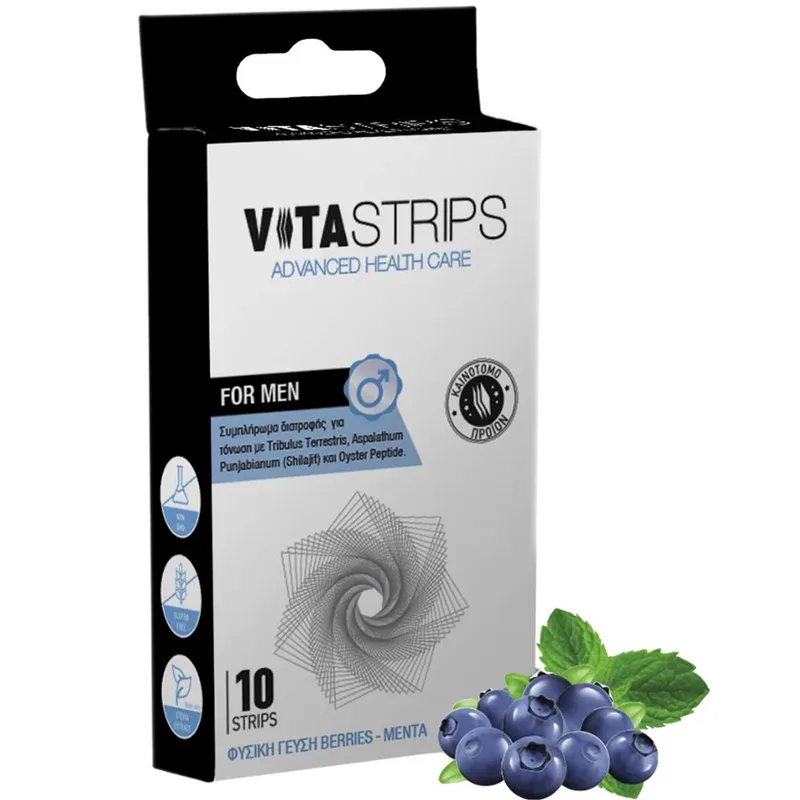 Vitastrips For Men Συμπλήρωμα Διατροφής με Συστατικά Προσεκτικά Επιλεγμένα Ειδικά Σχεδιασμένο για τις Ανάγκες Τόνωσης του Σύγχρονου Άνδρα με Γεύση Μούρων & Μέντα 10 Διασπειρόμενες στο Στόμα Ταινίες