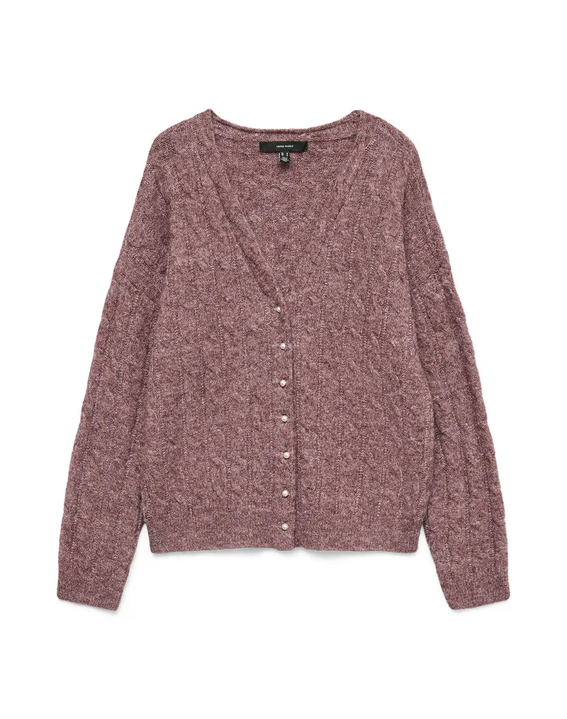 VERO MODA VMMARLIN LS V-NECK CARDIGAN 10334907-Rose BrownW. PEARL BUTTONS deepPink