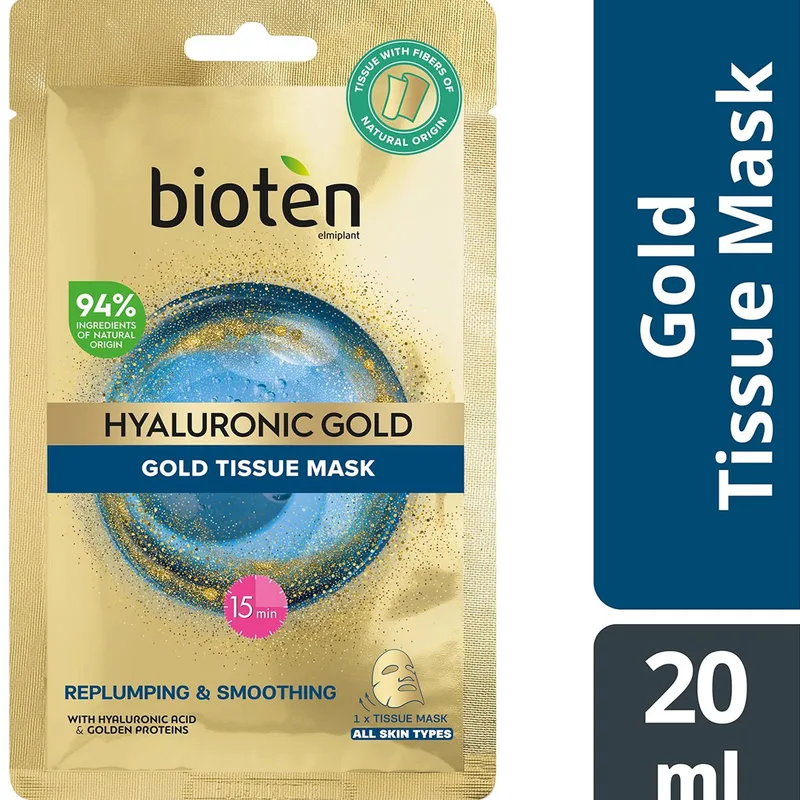 Bioten Hyaluronic Χρυσό Tissue Mask Υφασμάτινη Ενυδατική Μάσκα Προσώπου με Υαλουρονικό Οξύ & Μόρια Χρυσού για Αναζωογόνηση & Λείο Αποτέλεσμα 1 Τεμάχιο