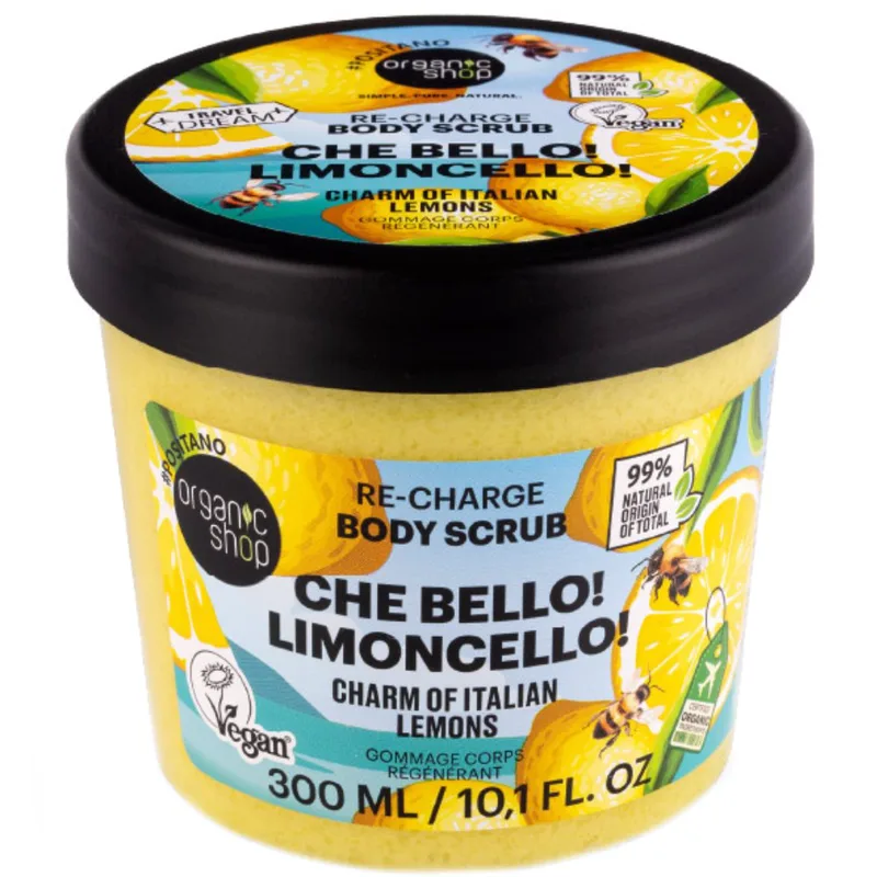 Organic Shop Re-Charge Che Bello! & Limoncello! Charm Of Italian Lemons Body Scrub Ενυδατικό Απολεπιστικό Σώματος με Έκρηξη Φυσικής Φρεσκάδας & Καλοκαιρινής Δροσιάς με Άρωμα Λεμόνι 300ml