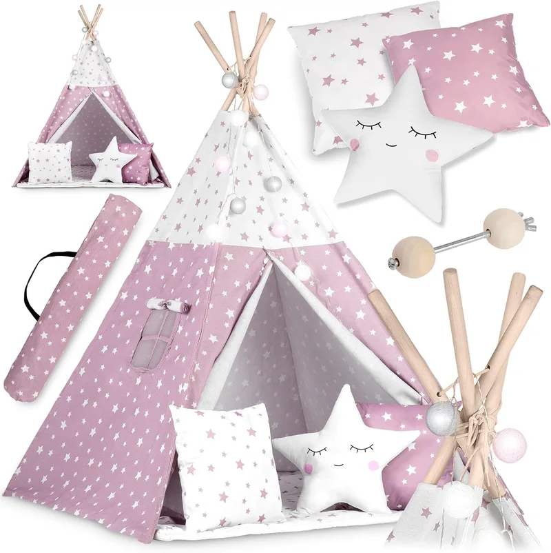 Παιδική Σκηνή Teepee Nukido Kids Tipi Tent Ινδιάνικη με 3 x Μαξιλάρια & Φωτάκια - Ροζ / Stars (5903890609566)