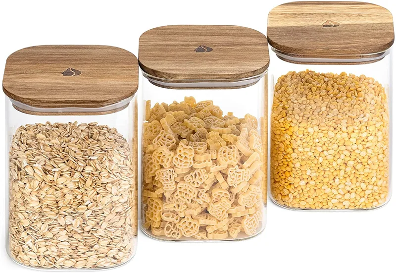 Navaris Glass Storage Jars 1L Set of 3 - Σετ 3 Γυάλινα Βάζα Αποθήκευσης με Καπάκι από Ξύλο Ακακίας - 1L - Clear (54692.01.03)