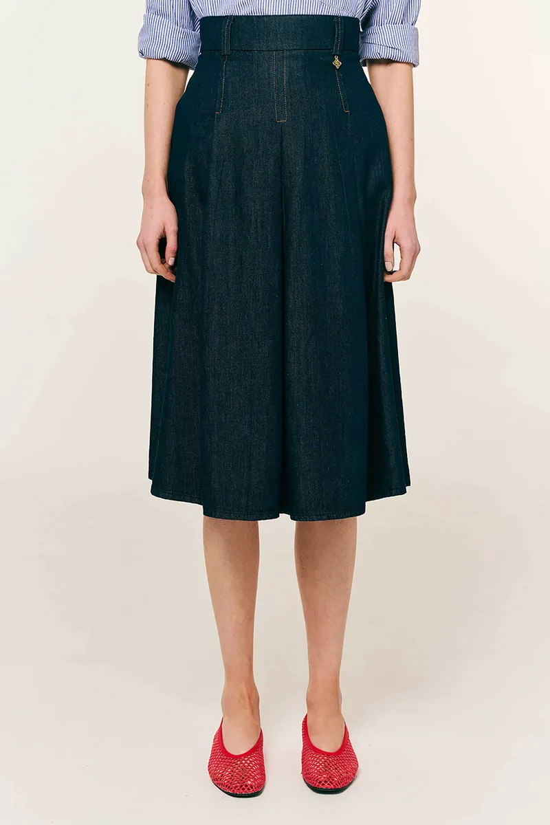 Forel γυναικεία φούστα midi denim με πιέτες - 082.00.01.012 Μπλε Σκούρο