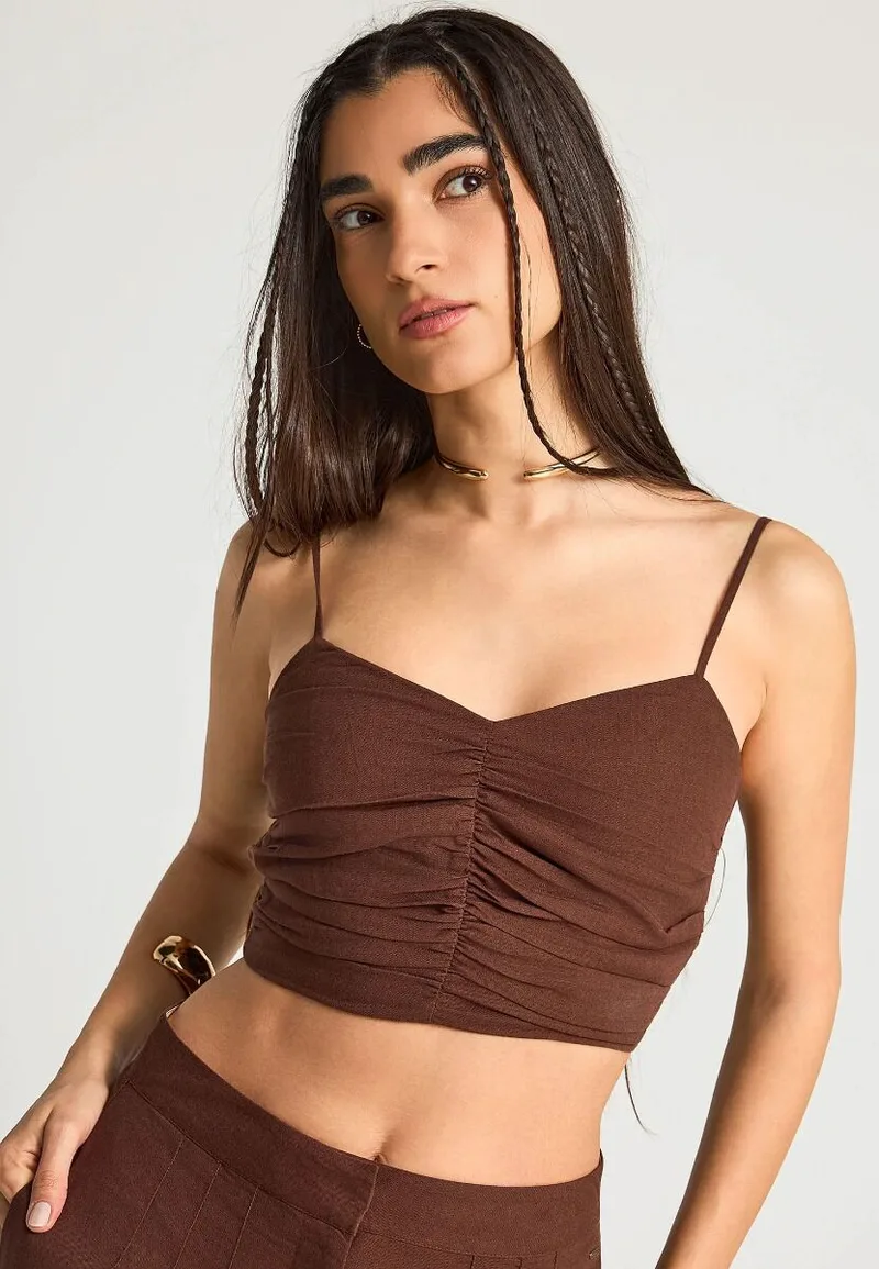 Funky Buddha Γυναικείο Εφαρμοστό Cropped Τοπ FBL013-123-17 Καφέ