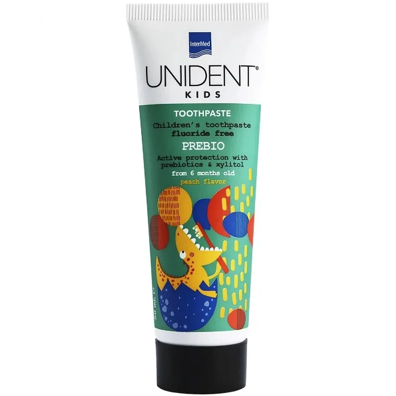 Intermed Unident Kids Toothpaste Prebio 6m+ Peach Flavor Βρεφική Οδοντόκρεμα με Πρεβιοτικά & Γεύση Ροδάκινο, Χωρίς Φθόριο 50ml