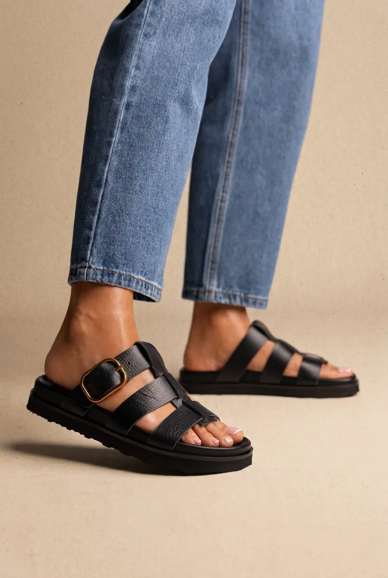 ATENEO Triple Strap Sandals Buckle Detail - 62302 - Black Matte