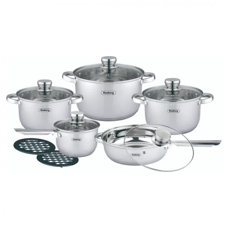 Σετ κατσαρόλες και τηγάνια Rosberg R51210L12BM, 12 τεμάχια, Πολυστρωματικός πυθμένας, Ανοξείδωτο, Ασημί