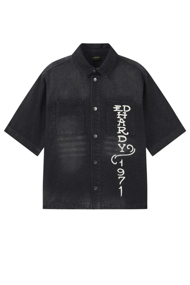 ED HARDY Πουκάμισα TONAL DRAGON UTILITY DENIM SHIRT - BLACK-ED5882-BLACK