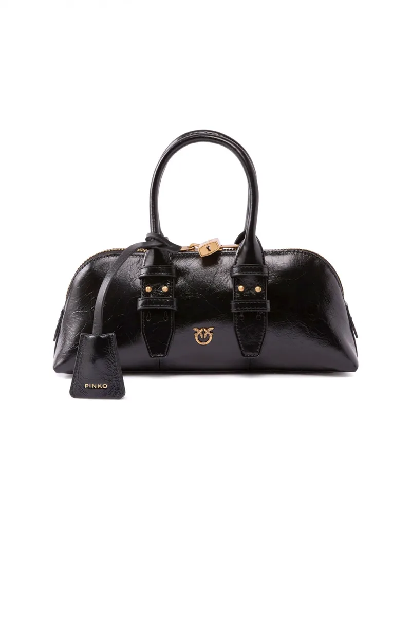 PINKO ΤΣΑΝΤΑ BOWLING BAG HORIZONTAL NEW SHINY CALF ΜΑΥΡΟ