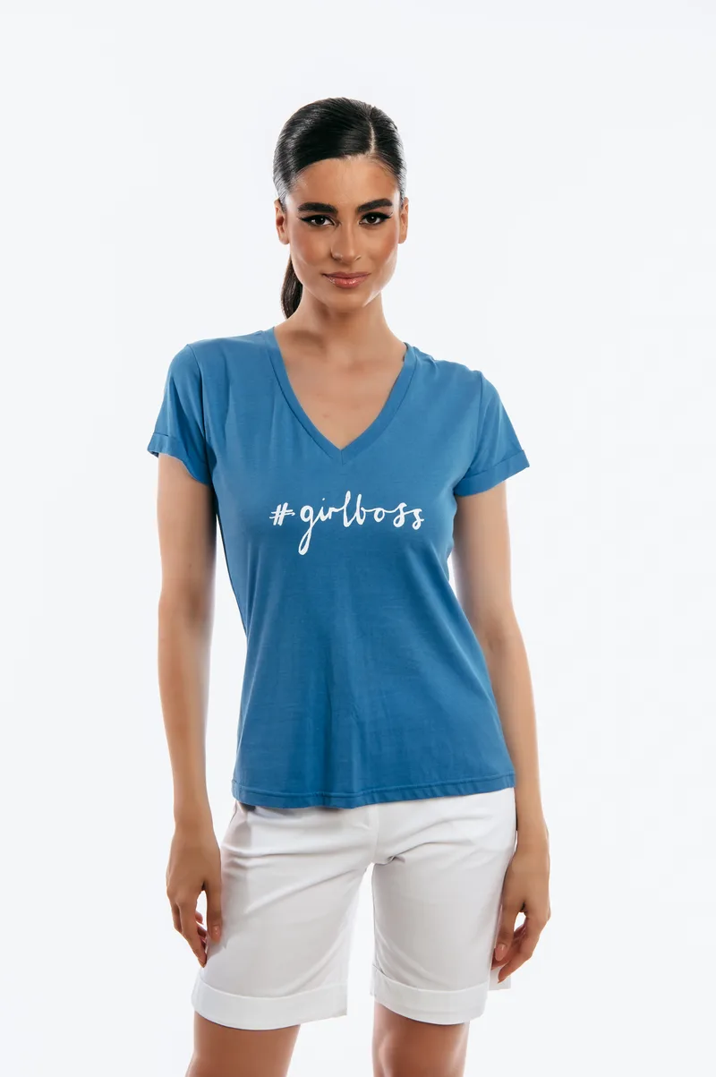ΜΠΛΟΥΖΑ ΚΟΝΤΟΜΑΝΙΚΗ ΜΕ ΣΤΑΜΠΑ GIRL BOSS Μπλε