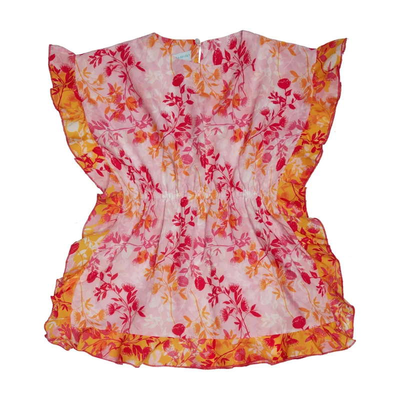 GIRL'S KAFTAN RUFFLED BOTANICAL PINK