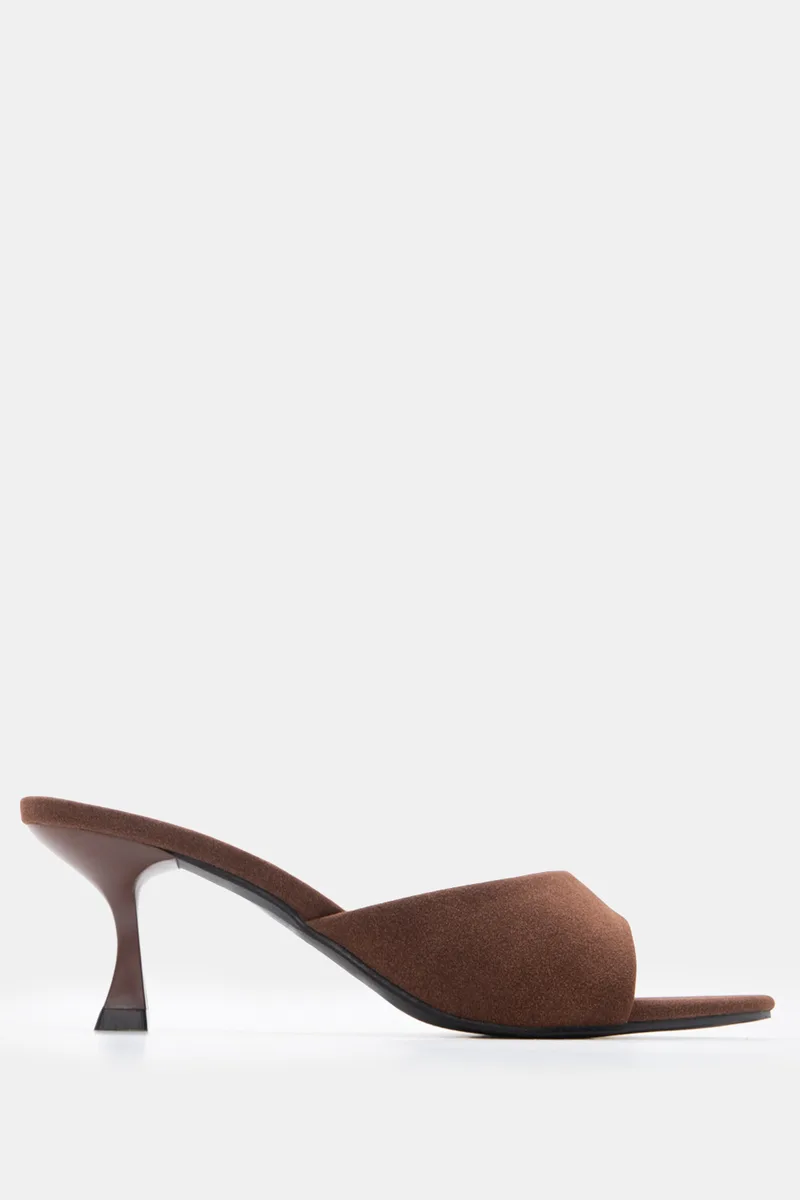 Mules Kitten Heel με Φαρδιά Φάσα - Καφέ Σκούρο