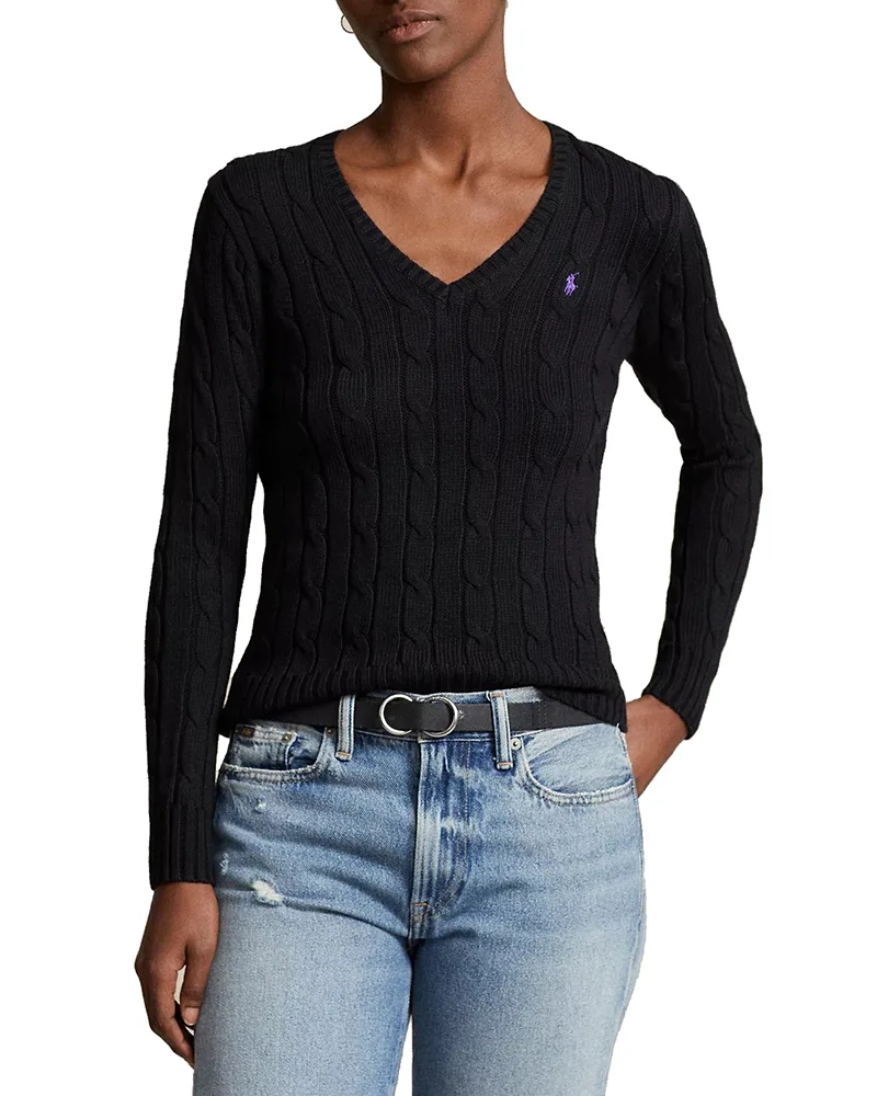 ΓΥΝΑΙΚΕΙΟ ΠΛΕΚΤΟ PULLOVER POLO RALPH LAUREN KIMBERLY CABLE KNIT COTTON V-NECK BLACK POLO RALPH LAUREN