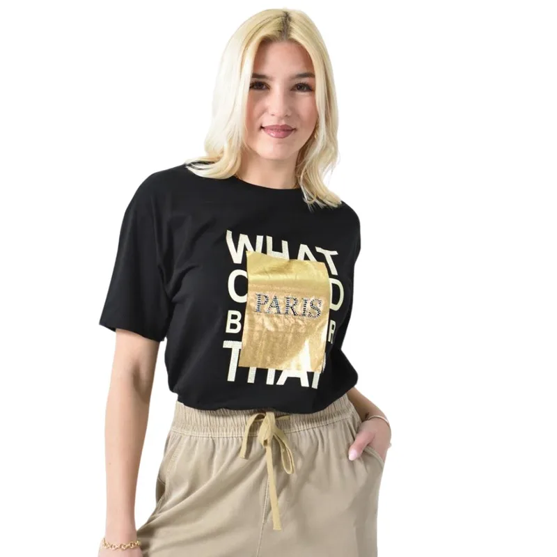 Γυναικείο T-shirt με μεταλιζε πλαίσιο PARIS Μαύρο 26420
