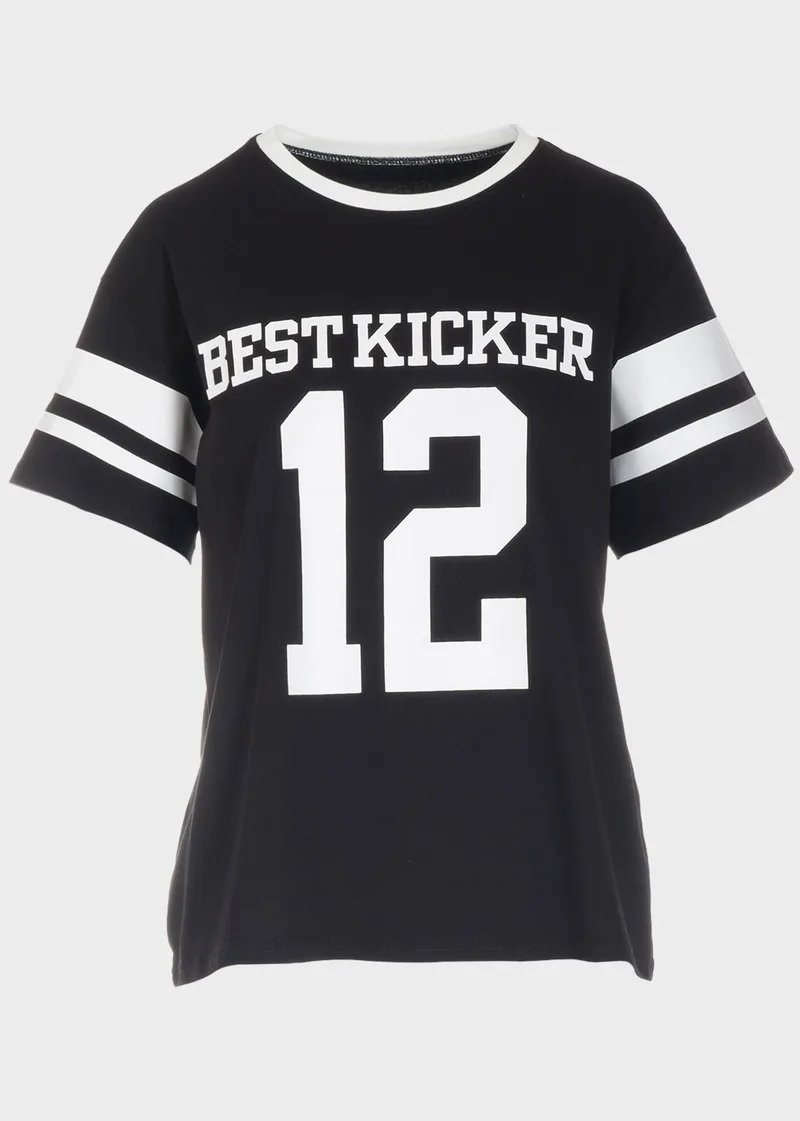 Τshirt γυναικείο με στάμπα και ρίγες στο μανίκι ΜΑΥΡΟ