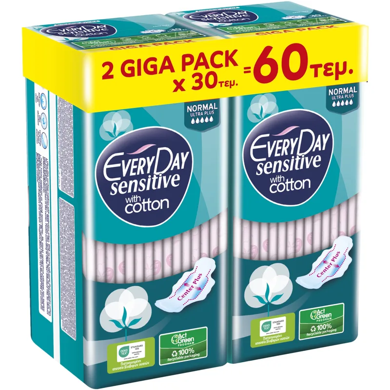 Σετ Every Day Sensitive with Cotton Normal Ultra Plus Giga Pack Λεπτές Σερβιέτες Κανονικού Μήκους με Φτερά Προστασίας & Βαμβάκι για να Αναπνέει το Δέρμα 60 Τεμάχια (2x30 Τεμάχια)