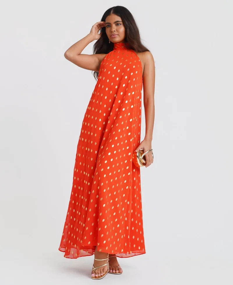 Orange Foil Halter Midaxi Dress | Size: 18