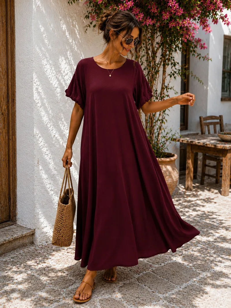 Maxi Oversized Φόρεμα με Balloon Μανίκια & Στρογγυλή Λαιμόκοψη - Μπορντό | Dress Up Μπορντό