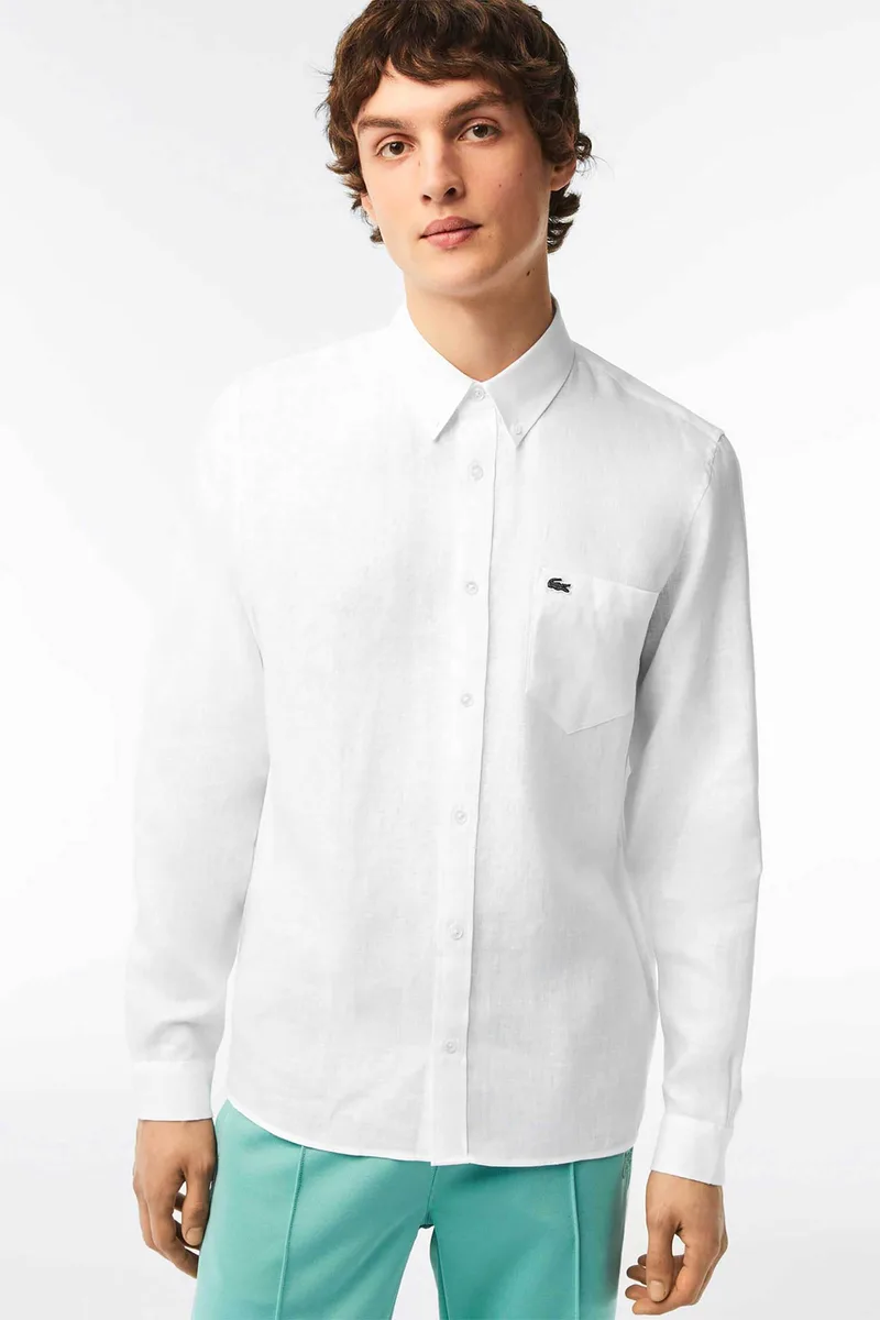 Lacoste ανδρικό λινό πουκάμισο button down με τσέπη και κεντημένο λογότυπο Regular Fit - CH5692 Λευκό