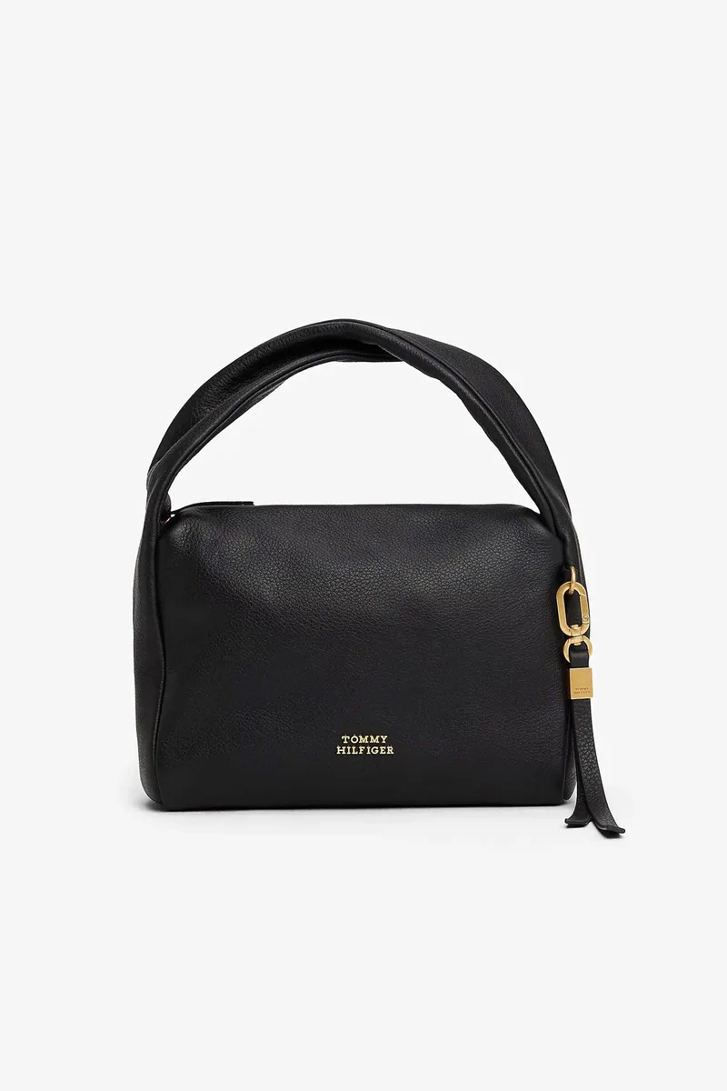 Tommy Hilfiger γυναικεία δερμάτινη τσάντα χειρός με μεταλλικό λογότυπο - AW0AW18150 Μαύρο