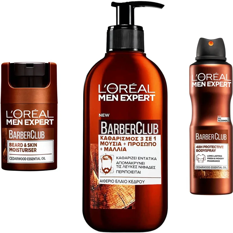 Σετ L'Oreal Paris Men Expert Barber Club Beard & Skin Moisturiser 50ml & Face & Hair Wash Gel 200ml & 48h Protective Body Spray 150ml