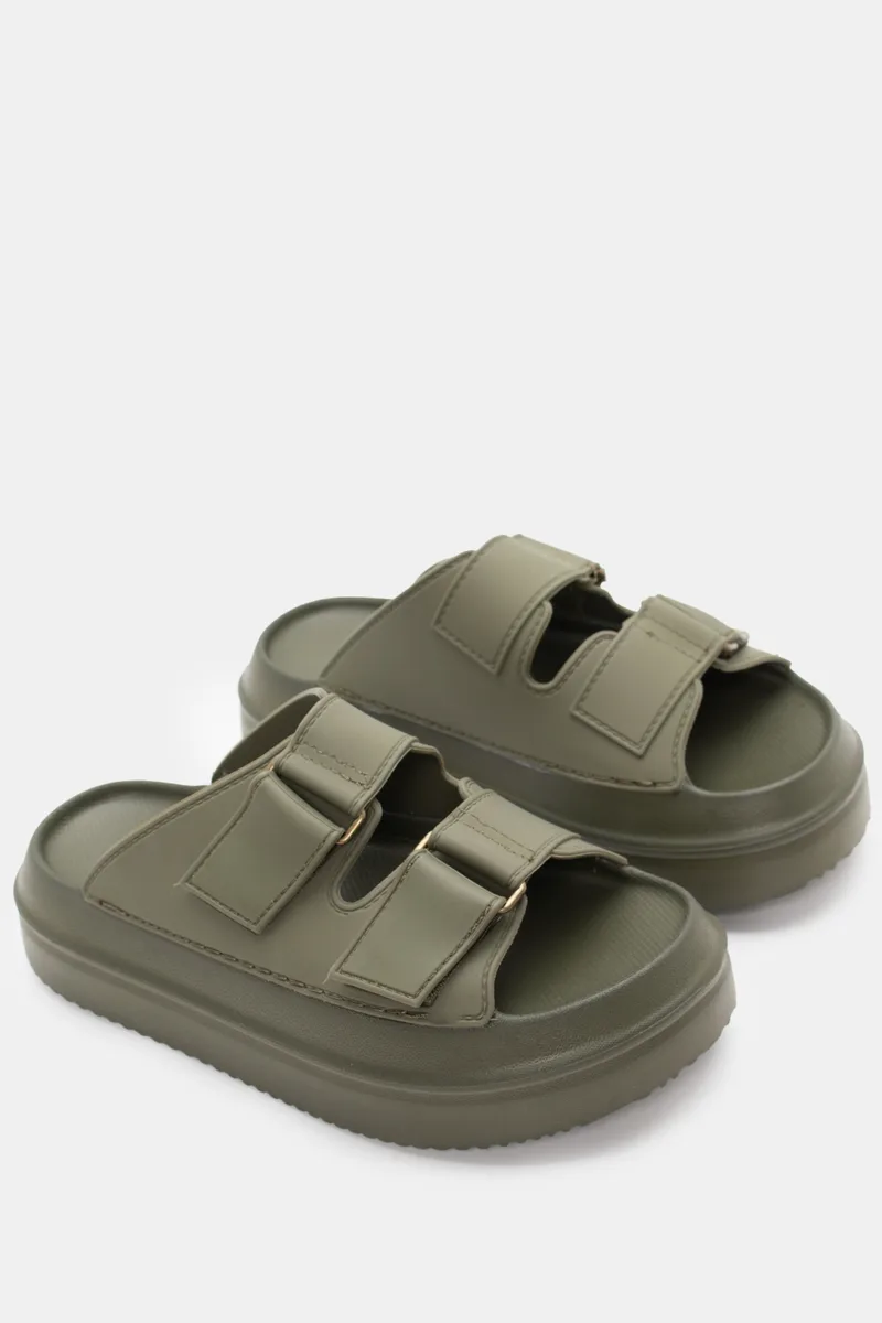 Παντόφλες Flatform με Διπλά Λουράκια και Velcro - Χακί