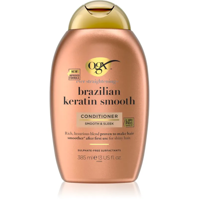 OGX Brazilian Keratin Smooth λειαντικό μαλακτικό Για λάμψη και απαλότητα μαλλιών 385 ml