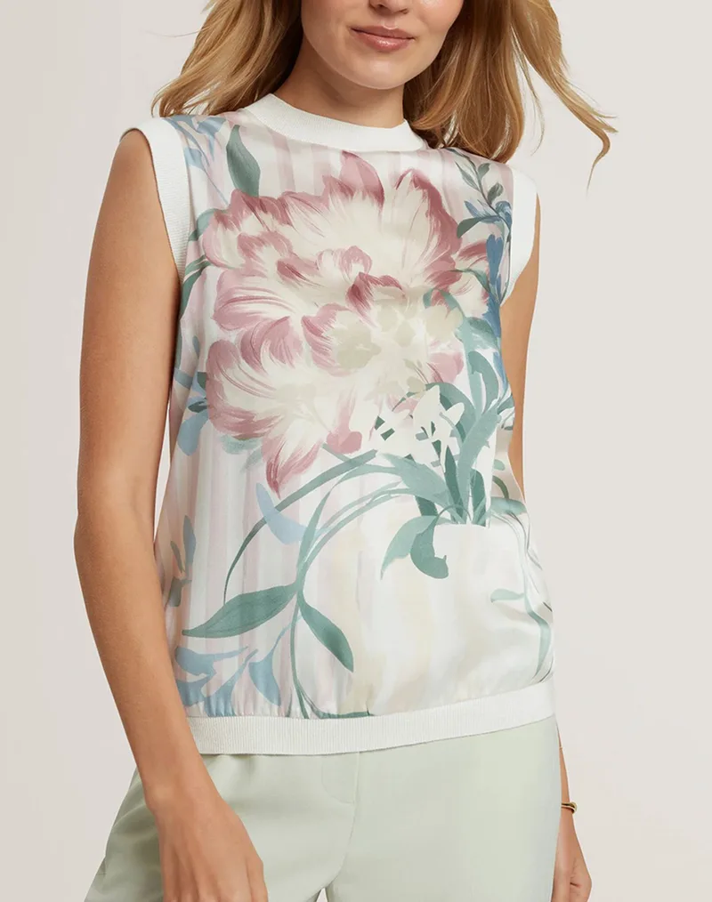TED BAKER PAVONIA Printed Woven Front Tank 284161-PINK Mixed