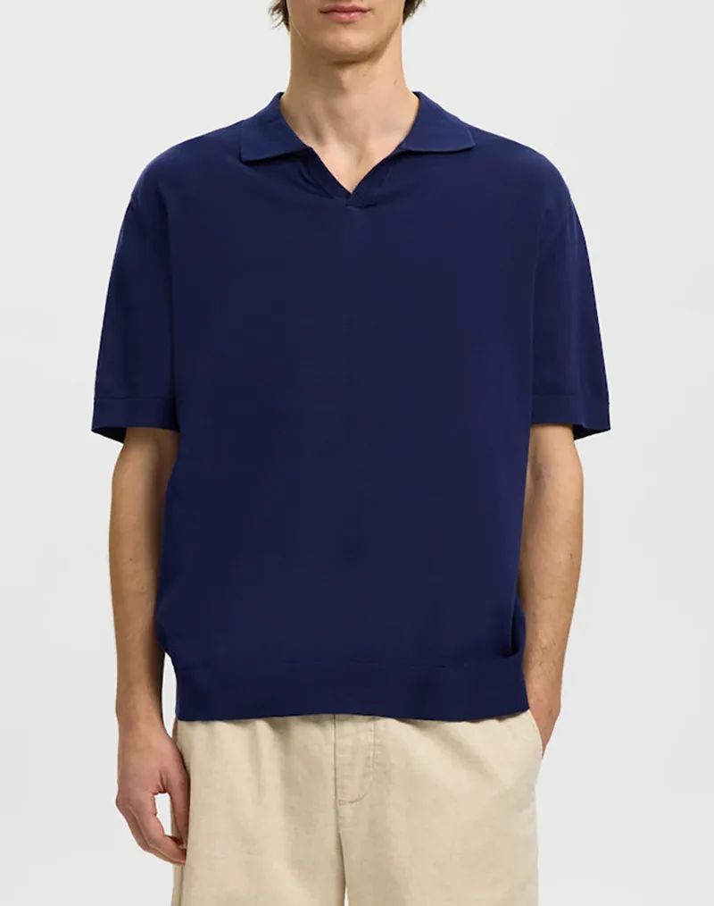 SELECTED SLHTORINO SS KNIT RELAXED OPEN POLO 16101372-Ocean Cavern DarkBlue