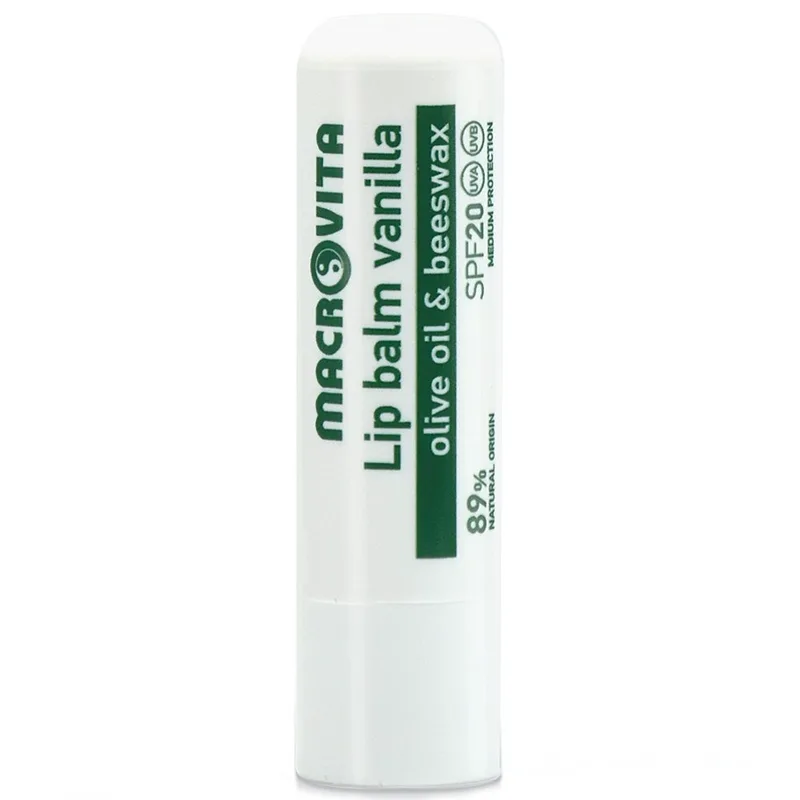 Macrovita Vanilla Olive Oil & Beeswax Lip Balm Spf20 Ενυδατικό Βάλσαμο Χειλιών Μέτριας Αντηλιακής Προστασίας με Λάδι Ελιάς & Κερί Μέλισσας, Γεύση Βανίλια 4.8gr