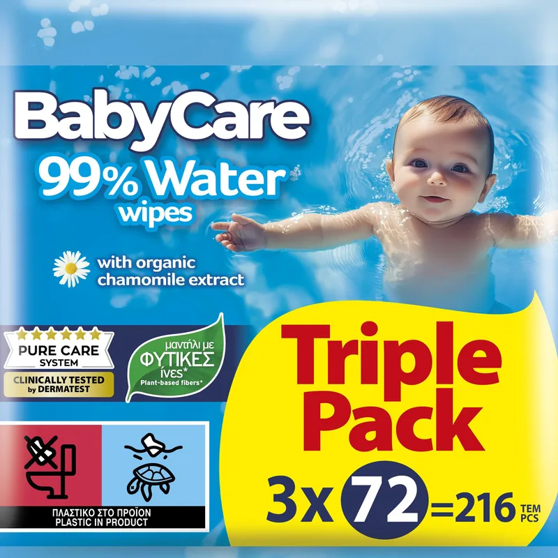 BabyCare 99% Water Baby Wipes Triple Pack Μωρομάντηλα με 99% Νερό & Βιολογικό Εκχύλισμα Χαμομηλιού, Ιδανικά για Ευαίσθητο Δέρμα 216 Τεμάχια (3x72 Τεμάχια)