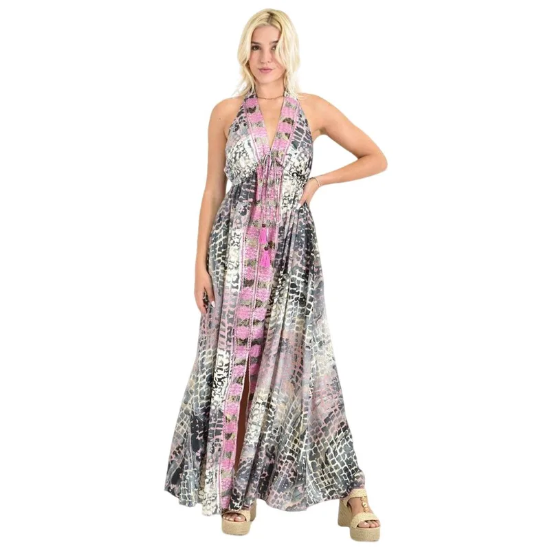 Μάξι Φόρεμα με Animal Print & Δέσιμο στον Λαιμό Φούξια 26702