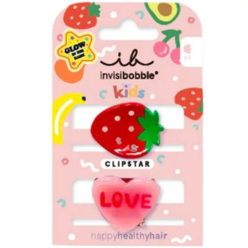 Invisibobble Clipstar Kids Glow Frutti Strawberry Κλιπ Μαλλιών για Παιδιά που Φωσφορίζουν στο Σκοτάδι 2 Τεμάχια