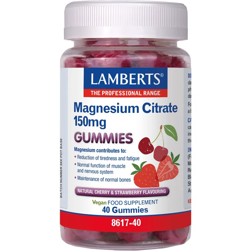 Lamberts Magnesium Citrate 150mg Gummies Συμπλήρωμα Διατροφής Κιτρικού Μαγνησίου για την Καλή Λειτουργία του Νευρικού & Μυϊκού Συστήματος με Γεύση Φράουλα & Κεράσι 40 Ζελεδάκια