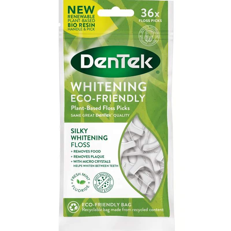 Dentek Whitening Plant-Based Silky Floss Picks Οδοντογλυφίδα με Οδοντικό Νήμα με Λευκαντικές Ιδιότητες Ιδανική & για Καθαρισμό Γλώσσας 36 Τεμάχια