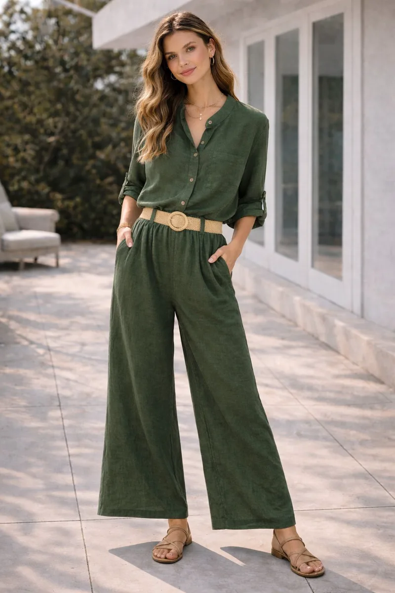 Γυναικείο Σετ Πουκάμισο & Παντελόνα – Αέρινο Casual Chic Σύνολο Σε Χακί Χρώμα | Dress Up Χακί