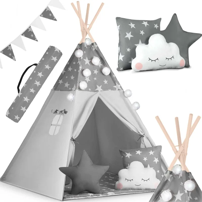 Παιδική Σκηνή Teepee Nukido Kids Tipi Tent Ινδιάνικη με 3 x Μαξιλάρια / Γιρλάντα & Φωτάκια - Gray / Stars (5903890609535)