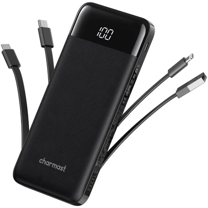 PowerBank Charmast με Θύρες 1 x Type-C / 2 x USB-A & Καλώδια 1 x Type-C / 1 x Lightning / 1 x MicroUSB 20W 10.000mAh - Black (W1148)