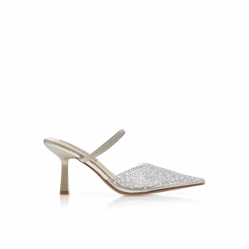Γόβες mules χρυσές δερματίνη με διαφάνεια και στρας ΧΡΥΣΟ