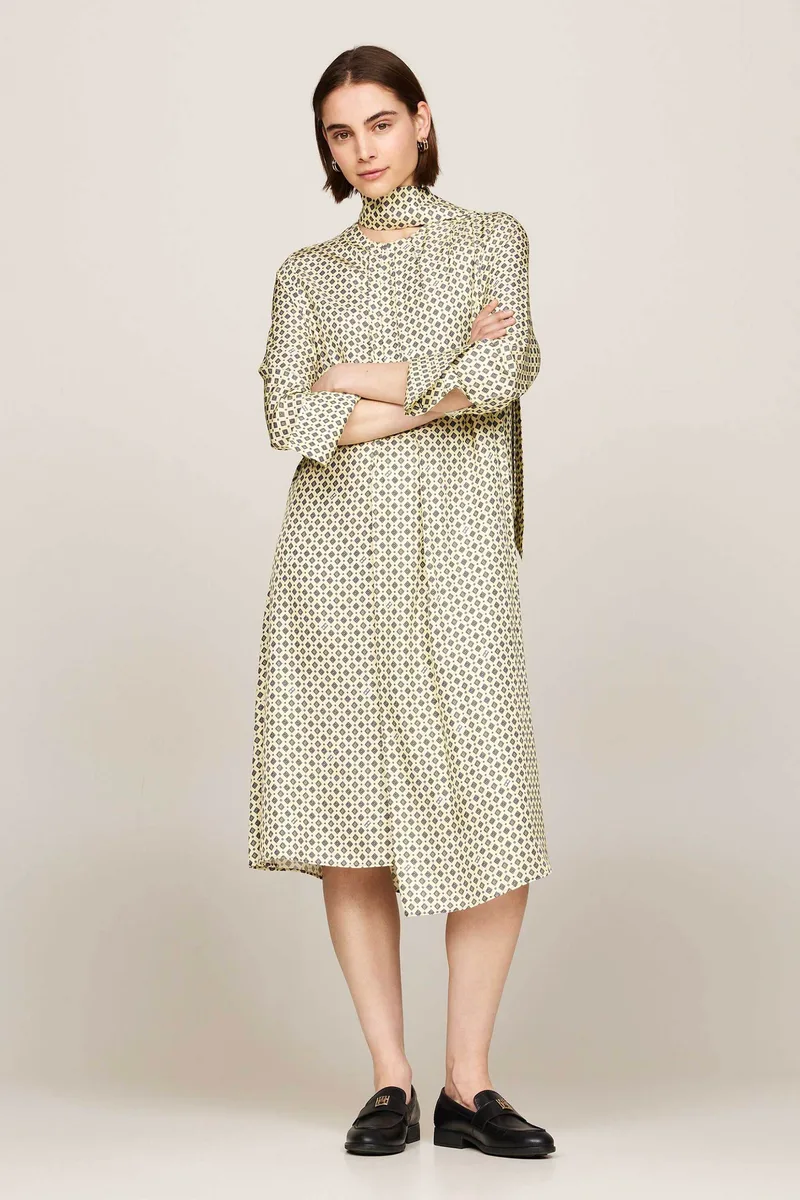 Tommy Hilfiger γυναικείο midi φόρεμα με φουλάρι και all-over print - WW0WW42318 Εκρού
