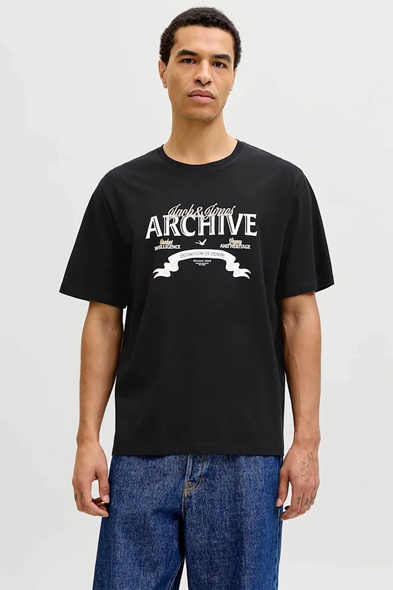 JACK & JONES ανδρικό T-shirt μονόχρωμο με logo print Regular Fit - 12290417 Μαύρο