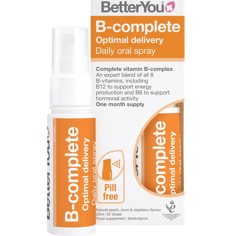 BetterYou B-Complete Daily Oral Spray Συμπλήρωμα Διατροφής σε Μορφή Spray Συμπλέγματος Βιταμινών Β για Ενέργεια Ορμονική Ισορροπία & Καλή Λειτουργία του Νευρικού Συστήματος με Φυσική Γεύση Ροδάκινο, Δαμάσκηνο & Βατόμουρο 25ml