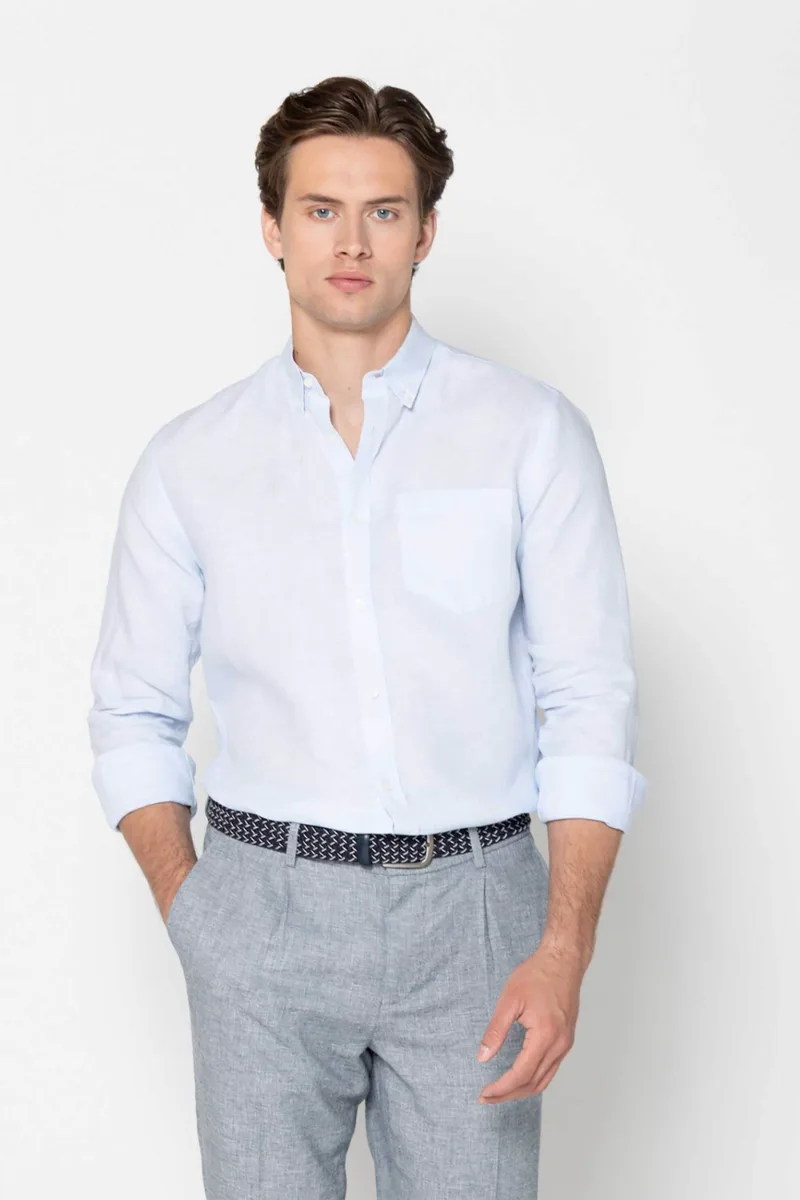 The Bostonians ανδρικό λινό πουκάμισο button down με τσέπη και κεντημένο λογότυπο Regular Fit - AAP2412 Μπλε Ανοιχτό