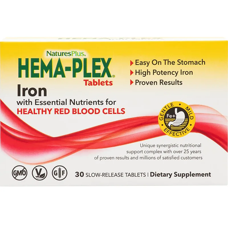 Natures Plus Hema-Plex Συμπλήρωμα Διατροφής Σιδήρου, Φολικού Οξέος & Βιταμίνης Β12 Βαθμιαίας Αποδέσμευσης για Αντιμετώπιση της Αναιμίας, Ενέργεια Κατά της Κόπωσης 30tabs