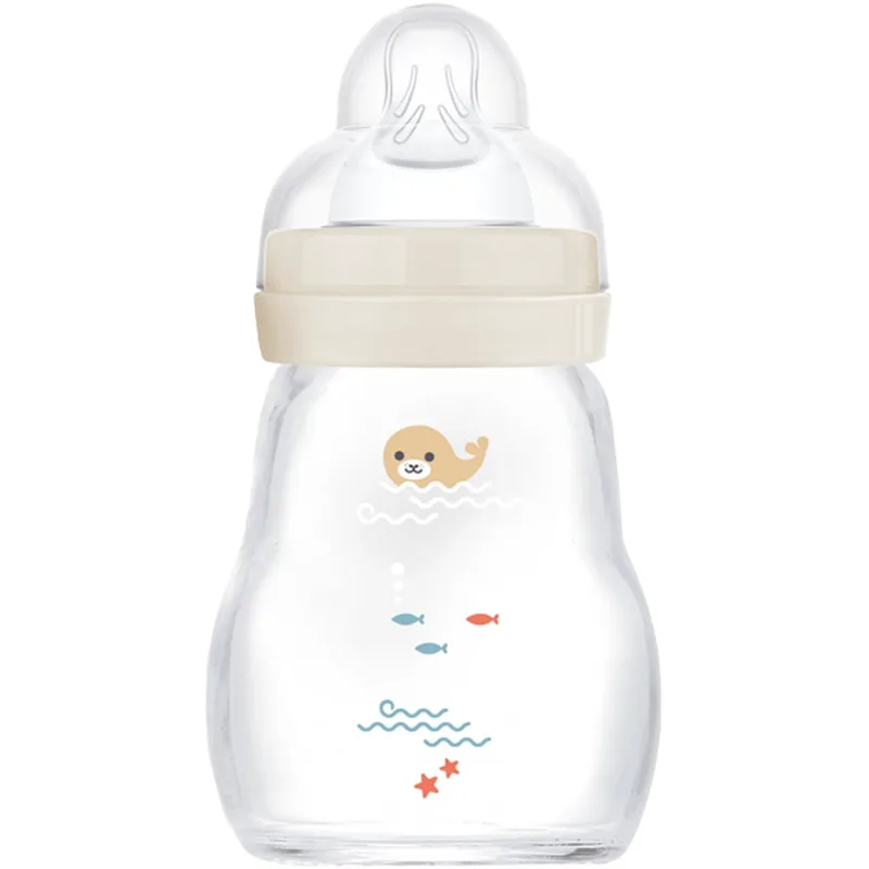 Mam Feel Good Premium Glass Baby Bottle 0m+, Κωδ 370SUc Γυάλινο Μπιμπερό με Θηλή Σιλικόνης με Μικρή Ροή 170ml - Κρεμ
