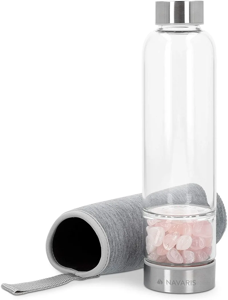 Navaris Crystal Water Bottle with Gemstones - Γυάλινο Μπουκάλι Νερού με Πέτρες Rosequarz και Θήκη - BPA FREE - 420ml - Clear / Ροζ (53150.01)