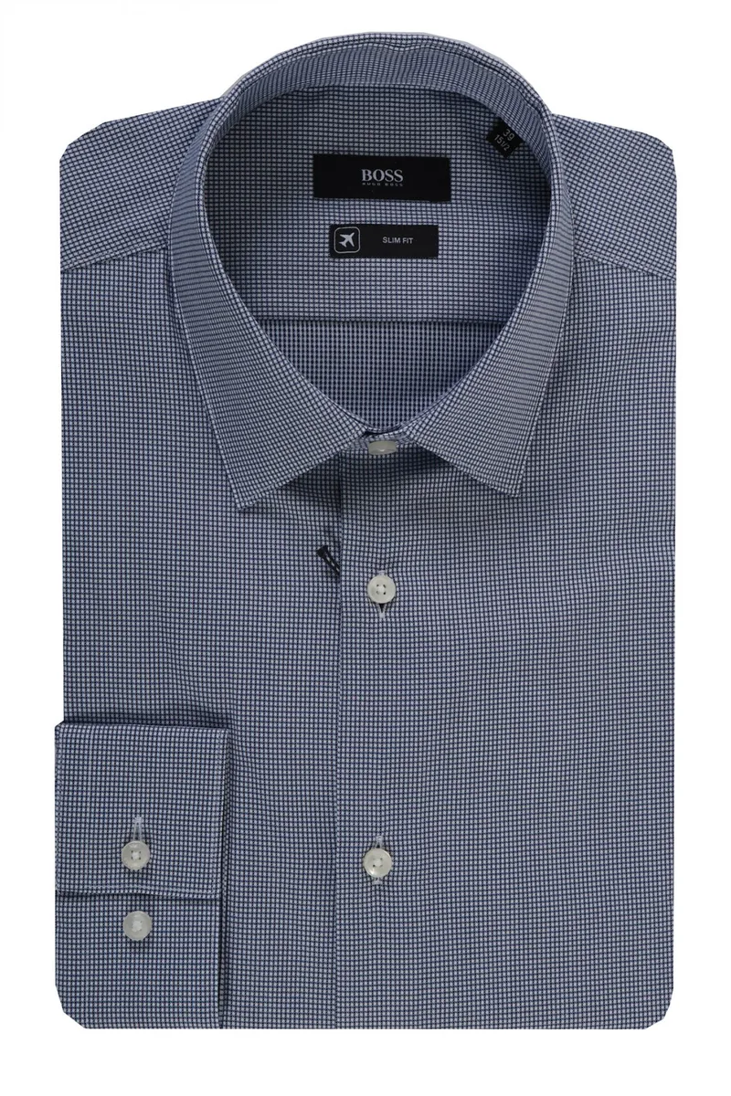 BOSS BUSINESS ΠΟΥΚΑΜΙΣΟ ΜΙΚΡΟ ΚΑΡΩ SLIM FIT TRAVELER ISKO ΜΠΛΕ